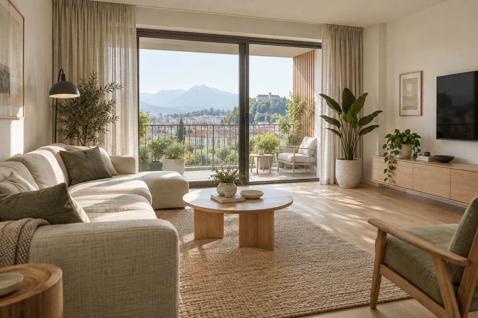 Bright contemporary apartment interior with balcony access